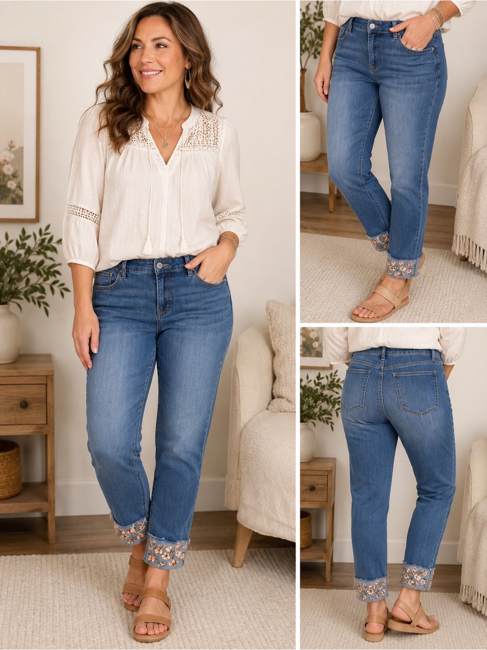 Chico's Light Blue Embroidered Cuff Cropped Jeans